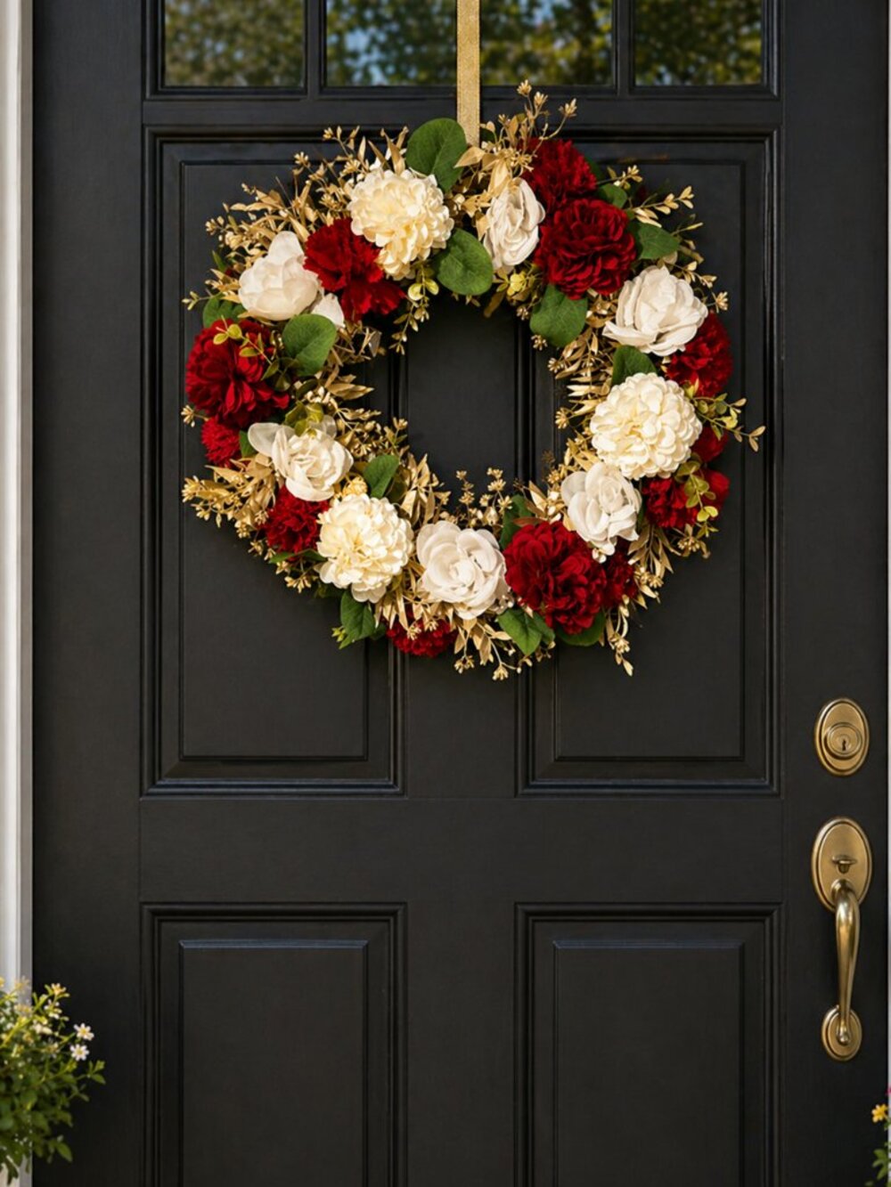 Spring Wreath for Front Door Red & Lemon Dahlias, Red Carnation Handmade 16x16”